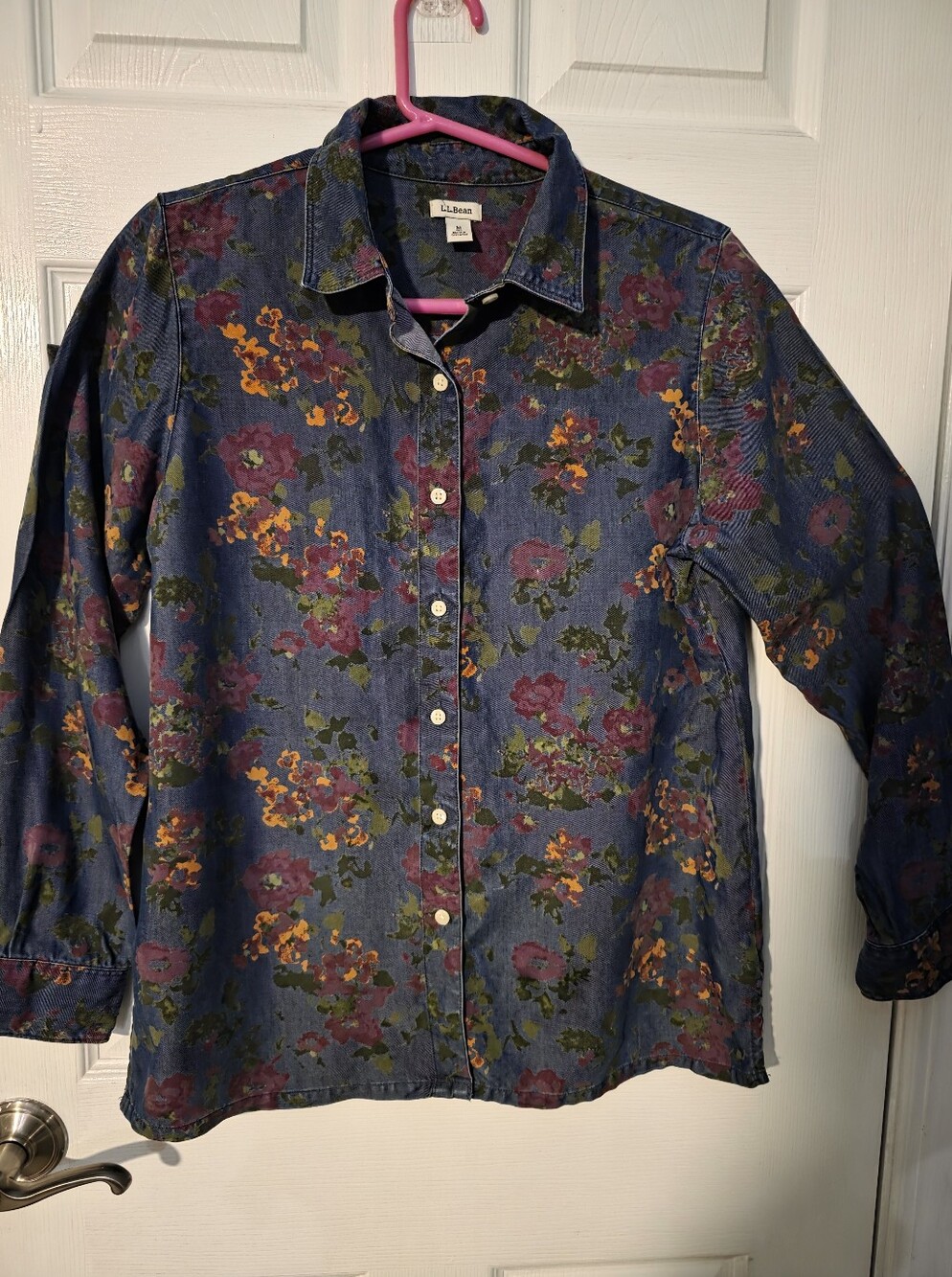 L.L.Bean Floral Tencel Chambray Button Front Shirt Medium